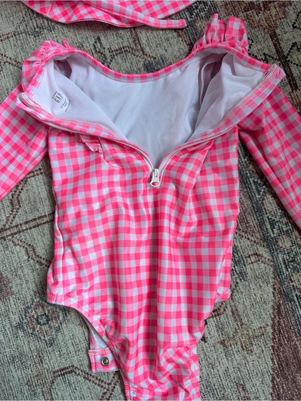 GAP Hot Pink Gingham Long-Sleeve Rashguard with Matching Sun Hat - 12-18M